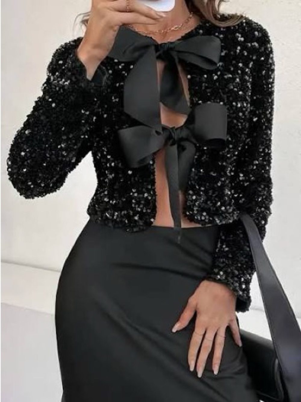 Black Sequin Cropped Jacket with Satin Bow Front NWT